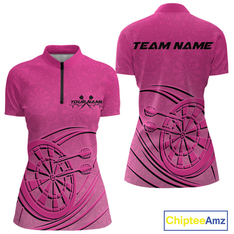Custom Pink Darts Quarter-Zip Shirts For Women, Pink Dartboard Dart Team Jerseys IPHW9635