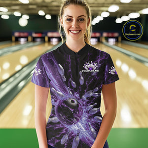 Custom Purple Thunder Lightning Bowling Team Women Quarter-Zip Shirts, Bowling Jerseys IPHW9744