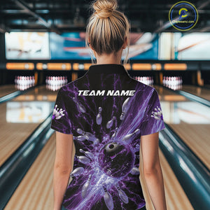 Custom Purple Thunder Lightning Bowling Team Women Quarter-Zip Shirts, Bowling Jerseys IPHW9744