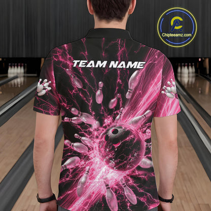 Custom Pink Thunder Lightning Bowling Team Men Polo Shirts, Bowling Jerseys IPHW9745