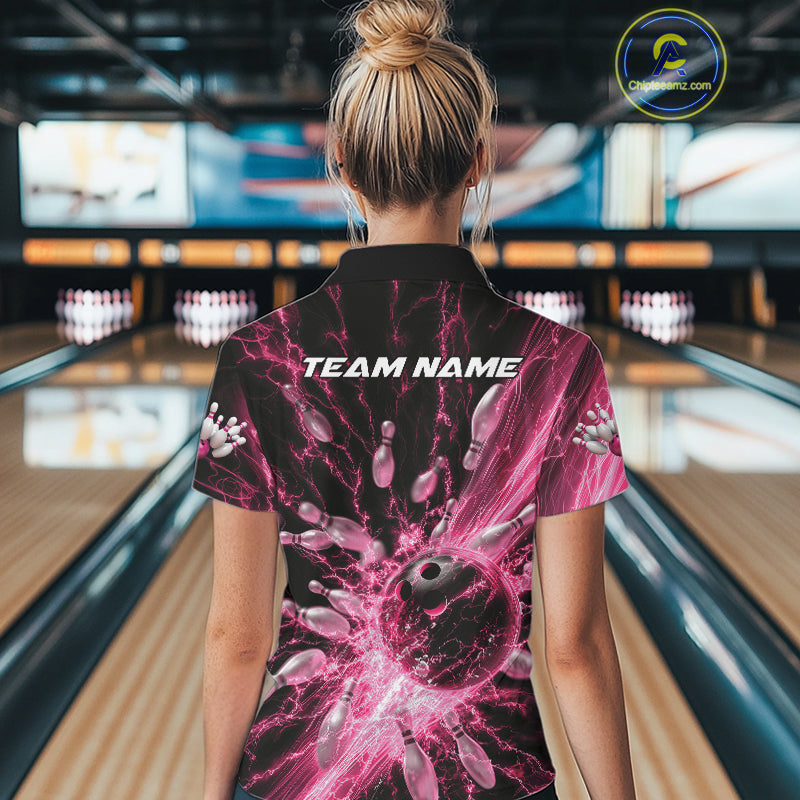 Custom Pink Thunder Lightning Bowling Team Women Polo Shirts, Bowling Jerseys IPHW9745
