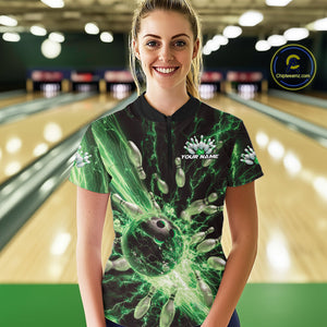 Custom Green Thunder Lightning Bowling Team Women Quarter-Zip Shirts, Bowling Jerseys IPHW9746