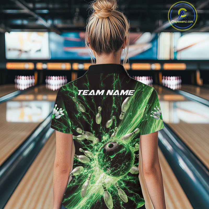 Custom Green Thunder Lightning Bowling Team Women Quarter-Zip Shirts, Bowling Jerseys IPHW9746