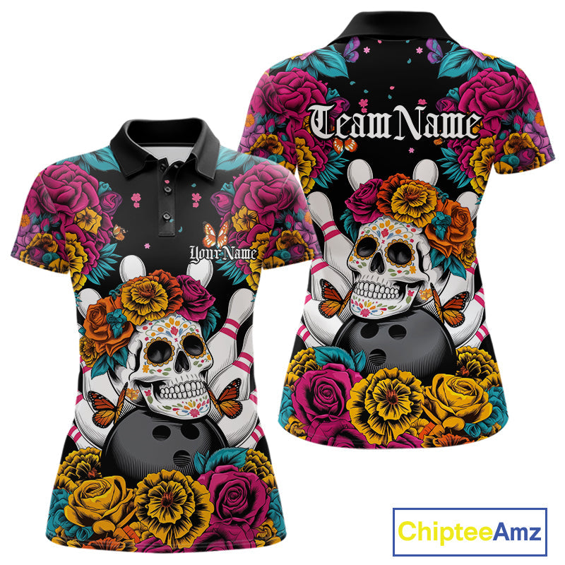 Custom Flower Sugar Skull Bowling Team Polo Shirts For Women, Halloween Bowler Outfit IPHW9749