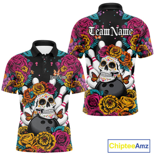 Custom Flower Sugar Skull Bowling Team Polo Shirts For Men, Halloween Bowler Outfit IPHW9749