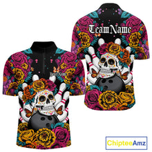 Load image into Gallery viewer, Custom Flower Sugar Skull Bowling Team Quarter-Zip Shirts For Men, Halloween Bowler Outfit IPHW9749