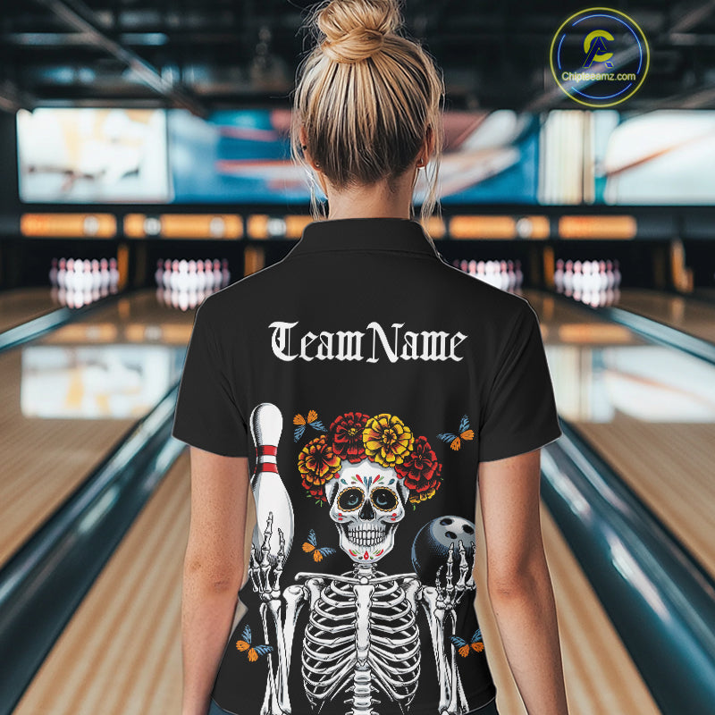 Custom Sugar Skull Bowling Team Women Polo Shirts, Funny Halloween Bowling Outfit IPHW9752