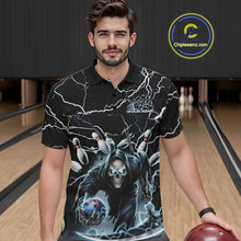Load image into Gallery viewer, Custom Black And Blue Lightning Grim Reaper Bowling Men Polo Shirt, Halloween Outfit IPHW9801
