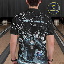 Load image into Gallery viewer, Custom Black And Blue Lightning Grim Reaper Bowling Men Polo Shirt, Halloween Outfit IPHW9801