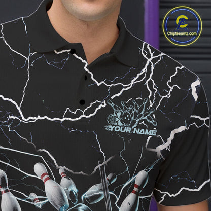 Custom Black And Blue Lightning Grim Reaper Bowling Men Polo Shirt, Halloween Outfit IPHW9801