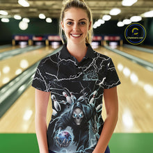 Load image into Gallery viewer, Custom Black And Blue Lightning Grim Reaper Bowling Women Polo Shirt, Halloween Outfit IPHW9801