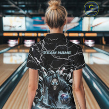 Load image into Gallery viewer, Custom Black And Blue Lightning Grim Reaper Bowling Women Polo Shirt, Halloween Outfit IPHW9801