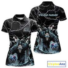 Load image into Gallery viewer, Custom Black And Blue Lightning Grim Reaper Bowling Women Polo Shirt, Halloween Outfit IPHW9801