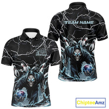 Load image into Gallery viewer, Custom Black And Blue Lightning Grim Reaper Bowling Men Polo Shirt, Halloween Outfit IPHW9801