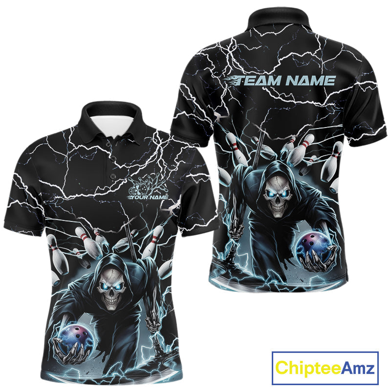 Custom Black And Blue Lightning Grim Reaper Bowling Men Polo Shirt, Halloween Outfit IPHW9801