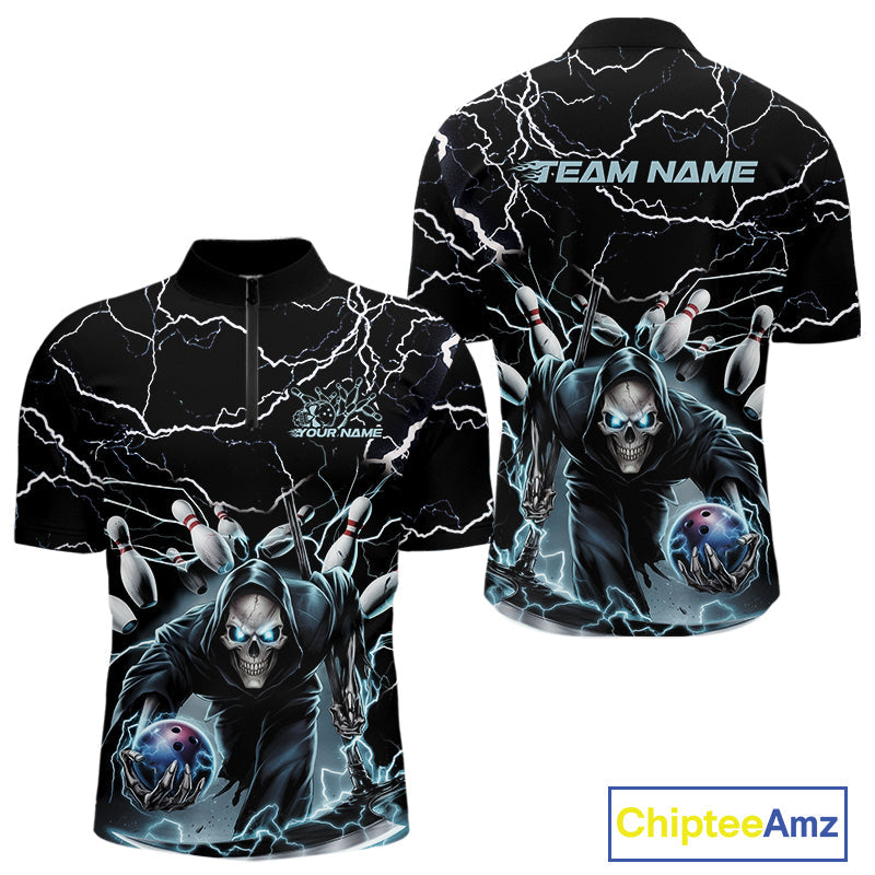 Custom Black And Blue Lightning Grim Reaper Bowling Men Quarter-Zip Shirt, Halloween Outfit IPHW9801