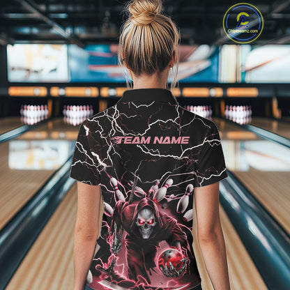 Custom Black And Red Lightning Grim Reaper Bowling Women Polo Shirt, Halloween Outfit IPHW9802