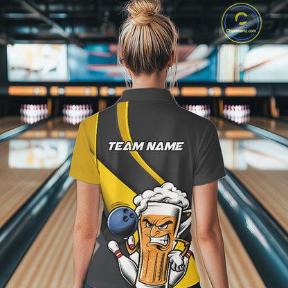 Custom Grunge Yellow Funny Bowling And Beer Polo Shirts For Women, Bowling Team Uniform IPHW9608