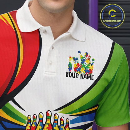 Close-up left chest detail of bowling polo shirt showing colorful autism bowling lane motif with puzzle-style graphics and clean textile focus
