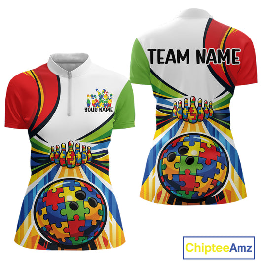 Front and back view of a women’s quarter-zip bowling shirt mockup featuring colorful autism-themed bowling lane and puzzle graphics.