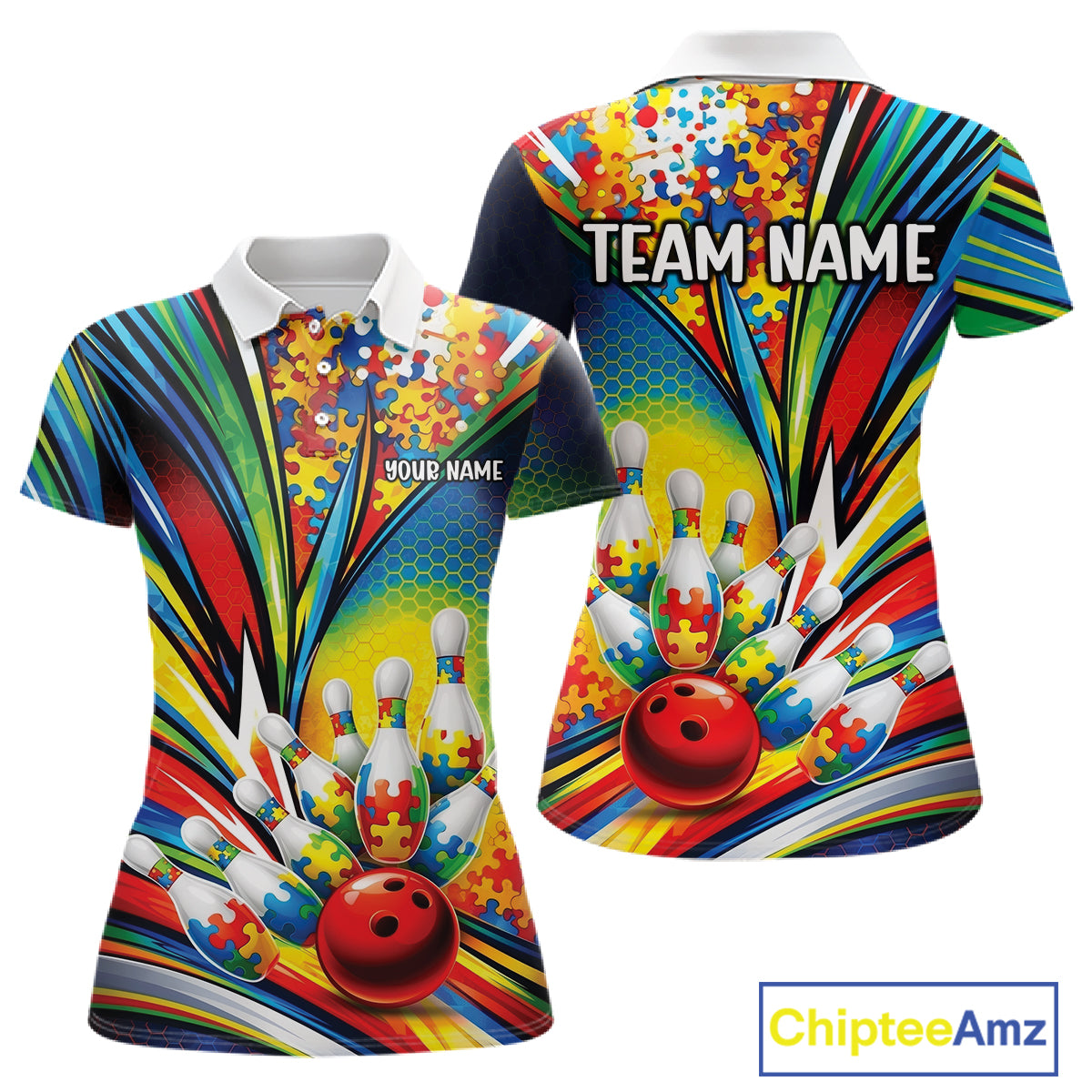 Women’s polo shirt mockup front and back showing autism bowling lane inspired design with colorful puzzle-themed graphics