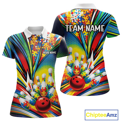 Women’s polo shirt mockup front and back showing autism bowling lane inspired design with colorful puzzle-themed graphics