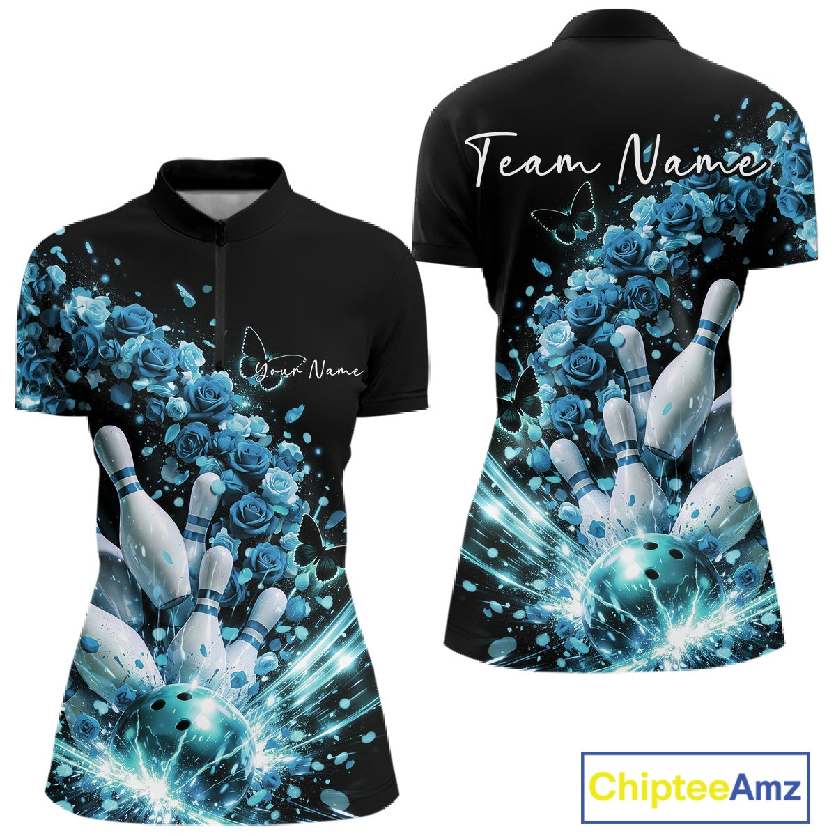 Custom Blue Roses And Butterfly Women Bowling Shirt, Flower Ladies Bowling League Shirt IPHW10885