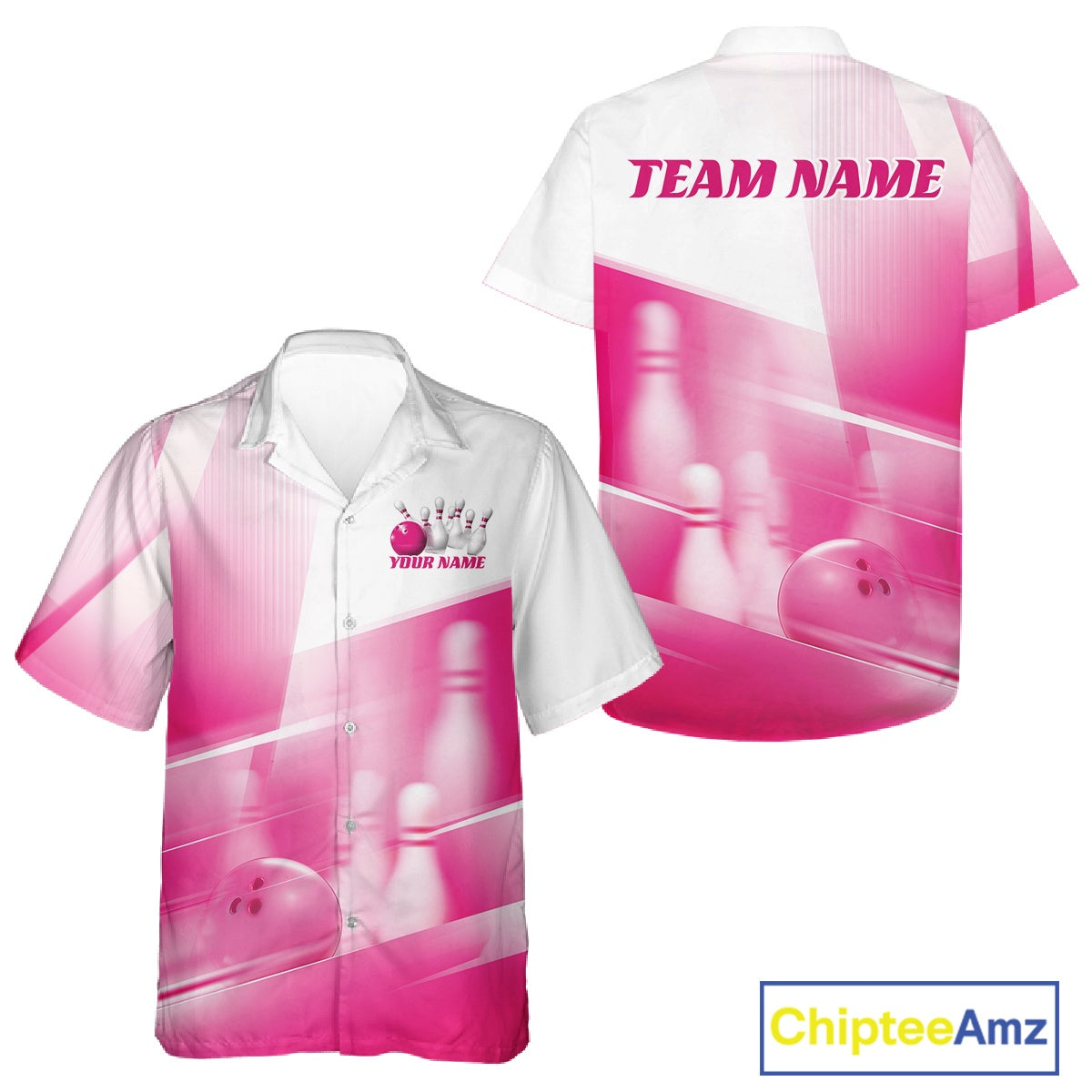 Front and back white and pink button up bowling shirt mockup with bowling ball and pins blended into a pink geometric pattern.