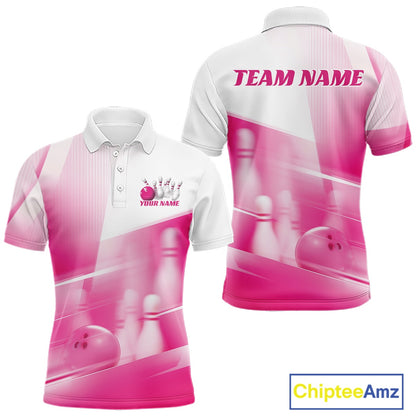 Front and back white and pink men’s bowling polo shirt mockup with bowling ball and pins over a pink geometric pattern background.