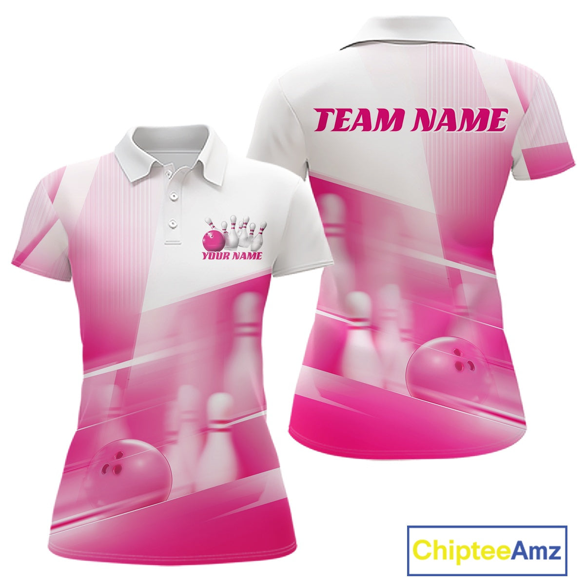 Front and back white and pink women’s polo shirt mockup with bowling ball and pins blended into a pink geometric pattern background.