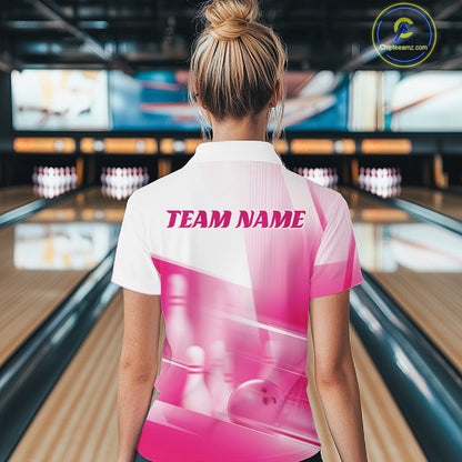 Female model back view in a bowling lane wearing a white and pink polo shirt with bowling ball and pins over a pink geometric background.