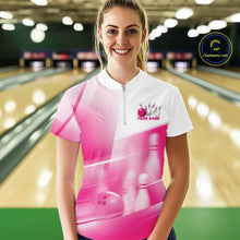 Load image into Gallery viewer, Front view female model at the bowling lane wearing a white and pink quarter zip shirt with bowling ball and pins geometric artwork.