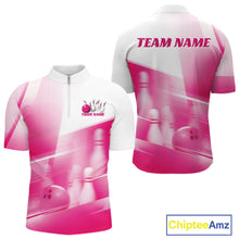 Load image into Gallery viewer, Front and back white and pink men’s bowling quarter zip shirt mockup with bowling ball and pins blended into a pink geometric background.