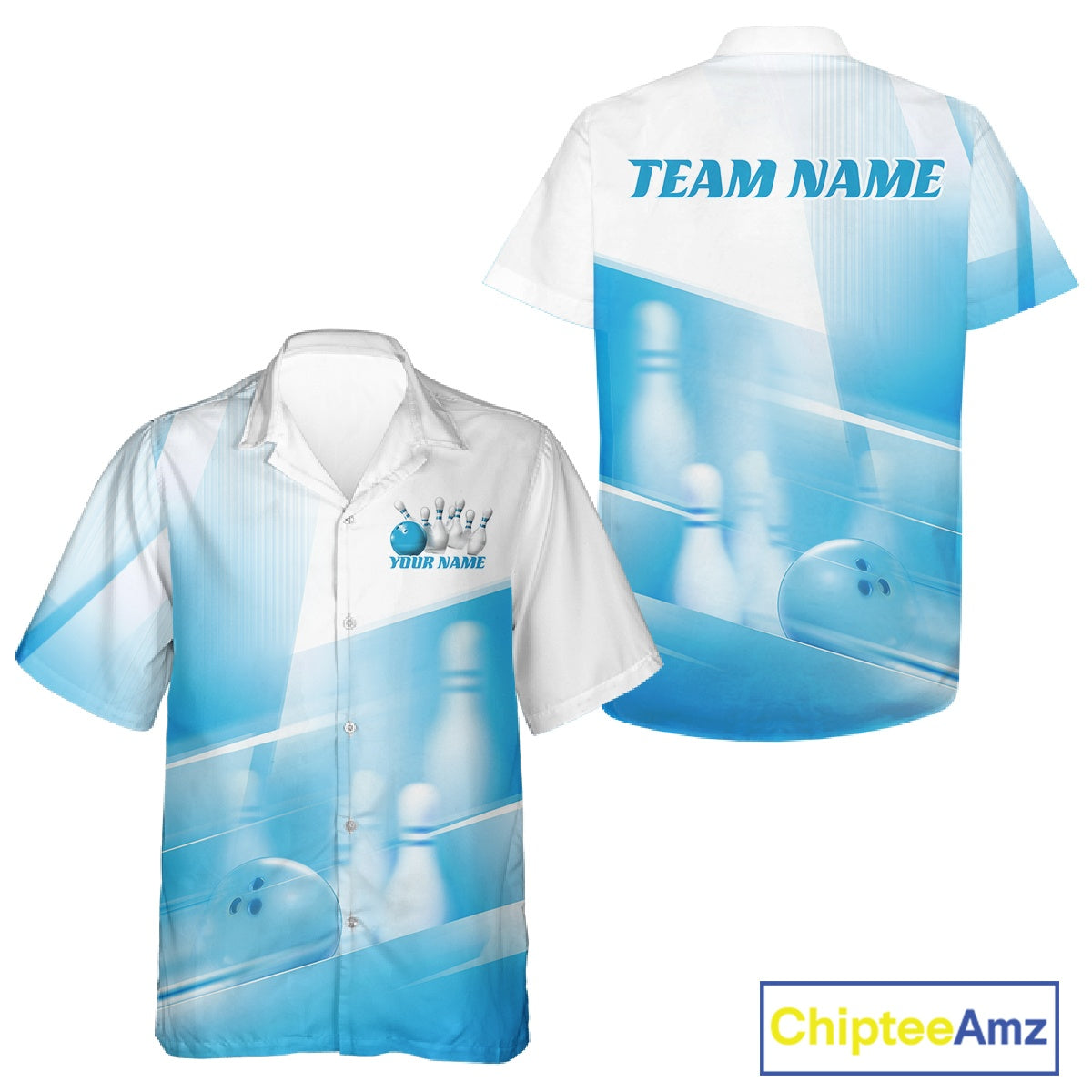 White and blue button up bowling shirt shown front and back with bowling ball and pins artwork over a pink geometric background.