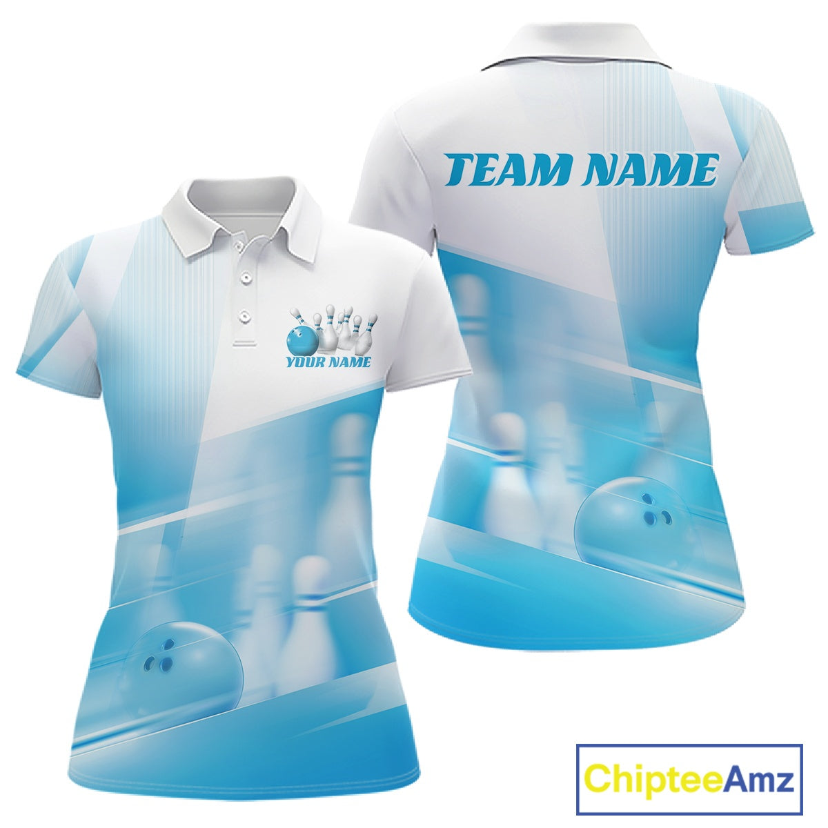White and blue women’s polo shirt mockup shown front and back with bowling ball and pins over a pink geometric background.