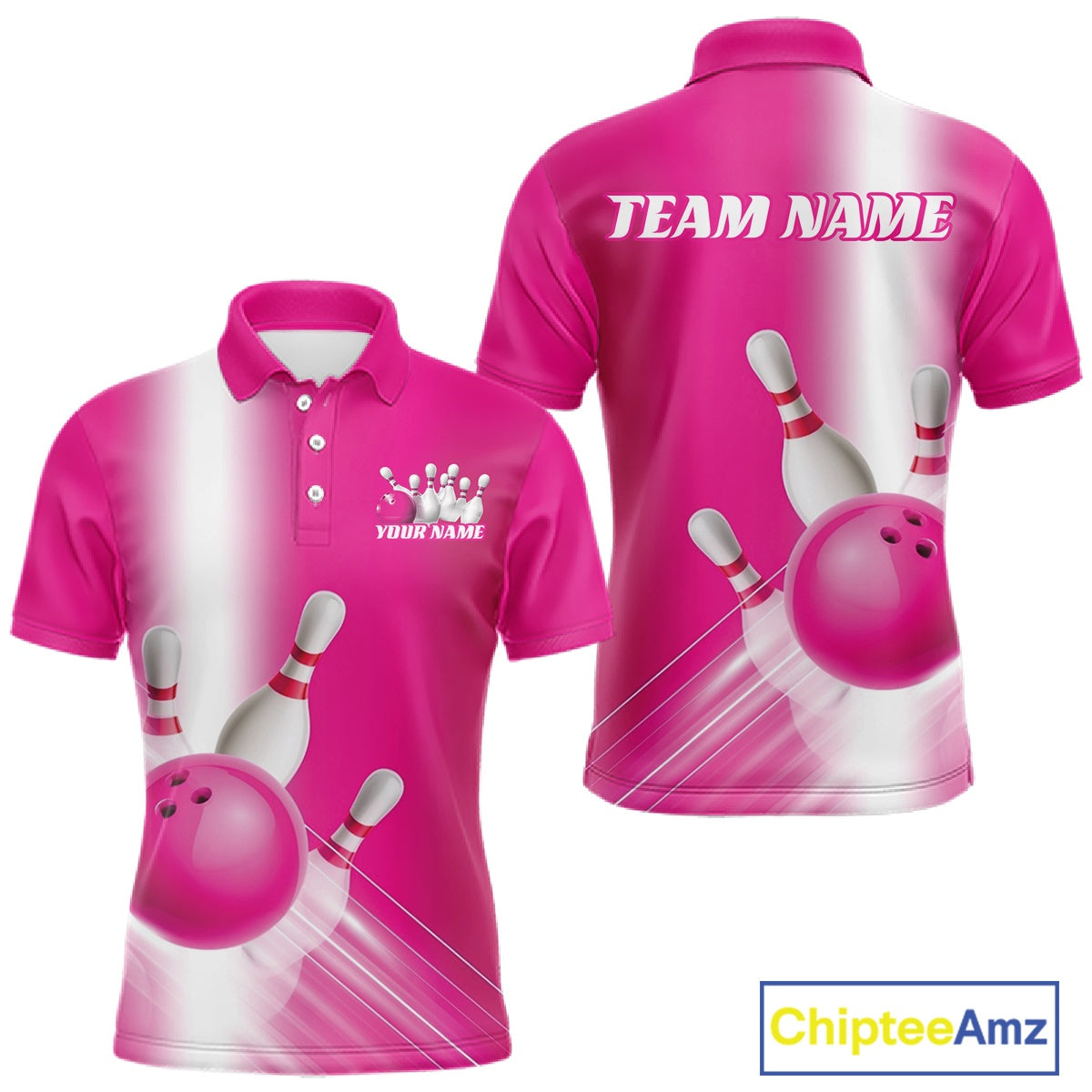 Front and back men’s bowling polo shirt mockup featuring bowling ball and pins artwork flowing through a pink gradient design.