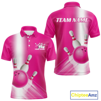Front and back men’s bowling polo shirt mockup featuring bowling ball and pins artwork flowing through a pink gradient design.