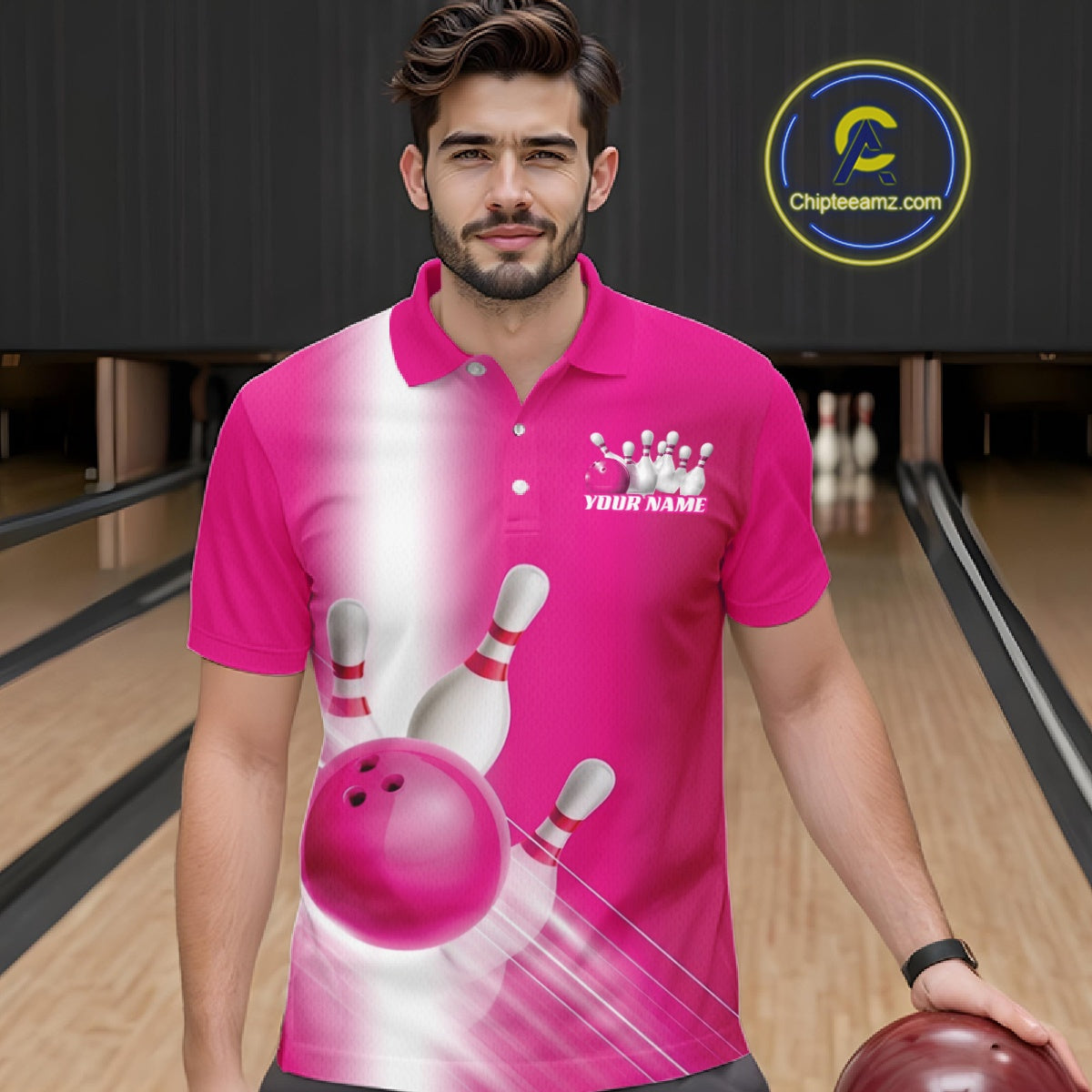 Male model front view in a bowling lane wearing a bowling polo shirt with bowling ball and pins flowing through a pink gradient layout.