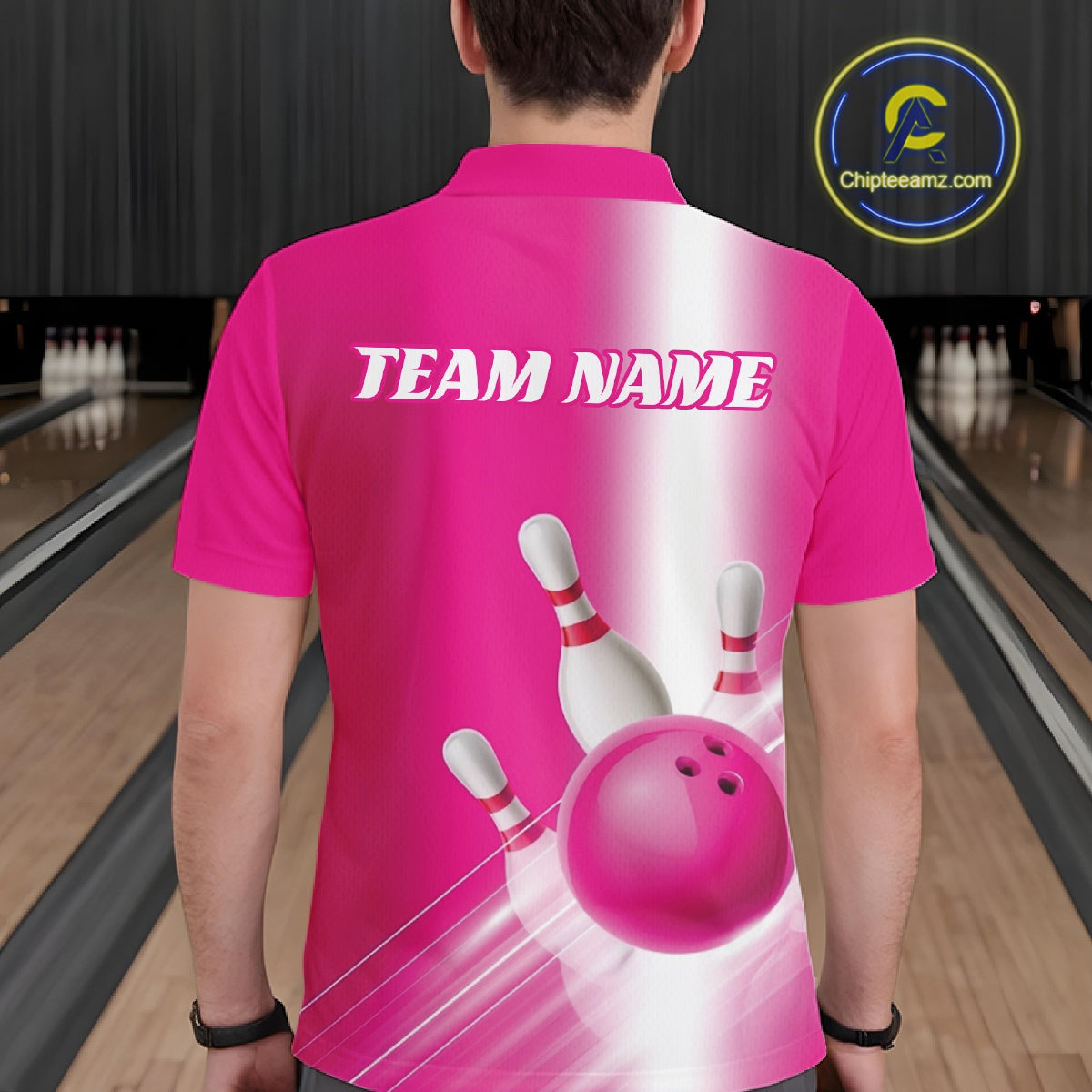 Back view of a male model at the bowling lane wearing a polo shirt with bowling ball and pins flowing through a pink gradient layout.