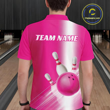 Load image into Gallery viewer, Back view of a male model at the bowling lane wearing a polo shirt with bowling ball and pins flowing through a pink gradient layout.