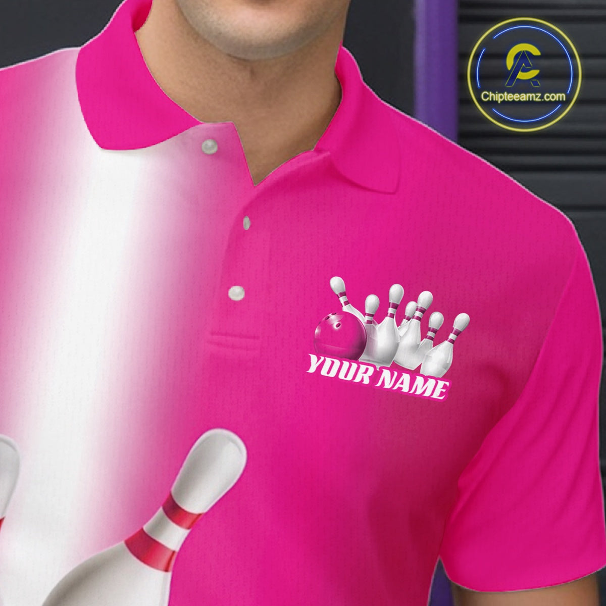Close up left chest view of a bowling polo shirt with bowling ball and pins motif flowing through a pink gradient layout.