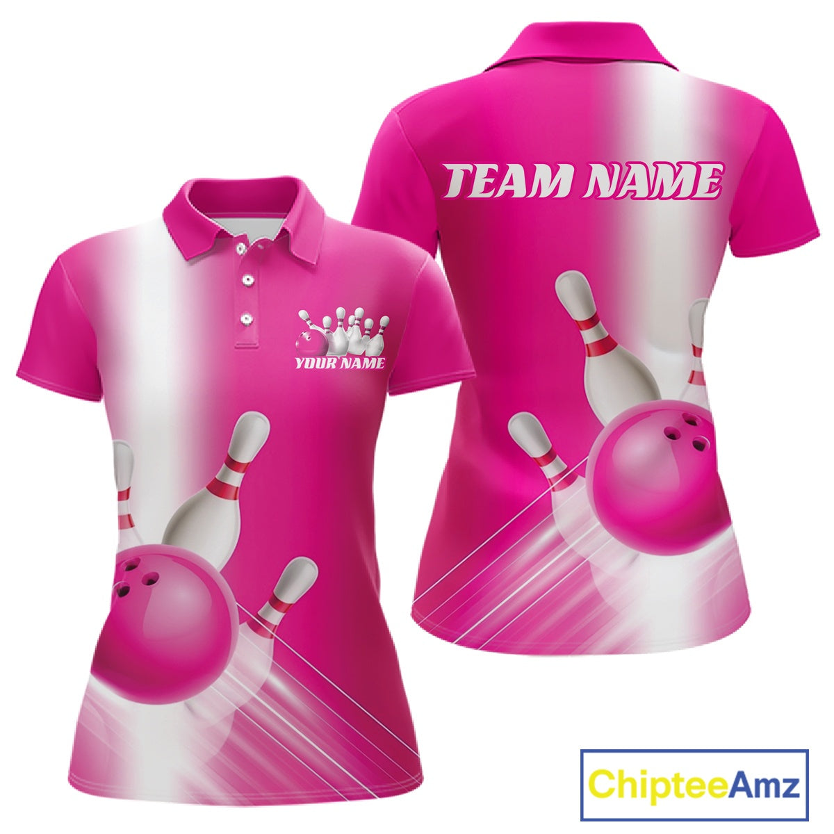 Front and back women’s polo shirt mockup featuring bowling ball and pins graphics flowing through a pink gradient layout.