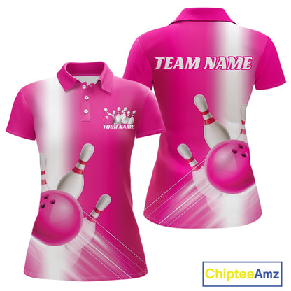 Front and back women’s polo shirt mockup featuring bowling ball and pins graphics flowing through a pink gradient layout.