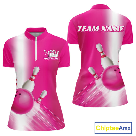 Front and back women’s bowling quarter zip mockup featuring bowling ball and pins artwork flowing through a pink gradient layout.