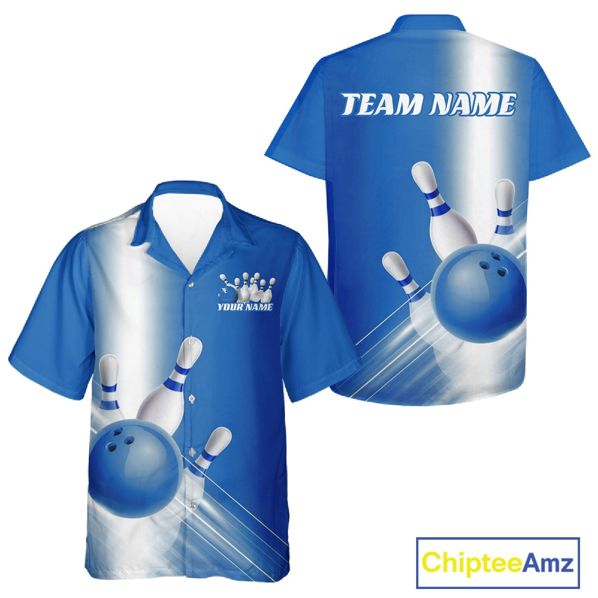 Front and back button up bowling shirt mockup featuring bowling ball and pins artwork flowing through a blue gradient layout.