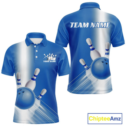 Front and back men’s bowling polo shirt mockup with bowling ball and pins artwork flowing through a blue gradient layout.