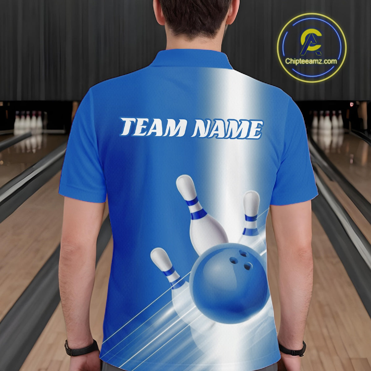 Male model back view in a bowling lane wearing a polo shirt with bowling ball and pins flowing through a blue gradient layout.