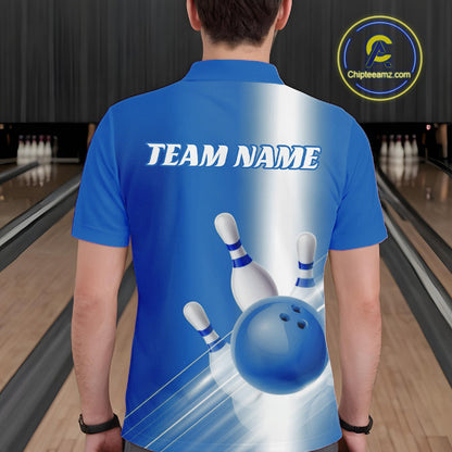 Male model back view in a bowling lane wearing a polo shirt with bowling ball and pins flowing through a blue gradient layout.