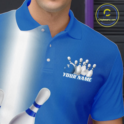 Left chest close up of a bowling polo shirt featuring bowling ball and pins graphics flowing through a blue gradient design.