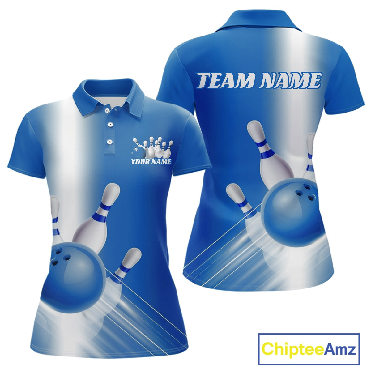 Front and back women’s polo shirt mockup with bowling ball and pins artwork flowing through a blue gradient design.